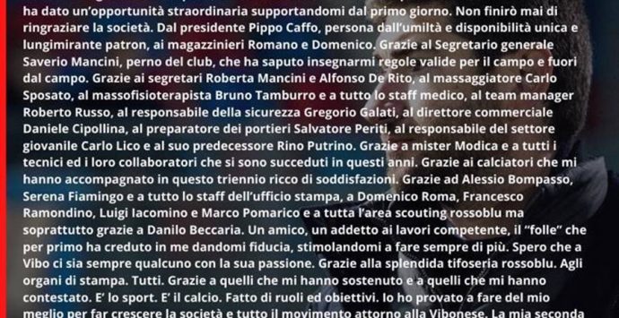 Simone Lo Schiavo saluta la Vibonese: il suo “grazie” a società e tifosi