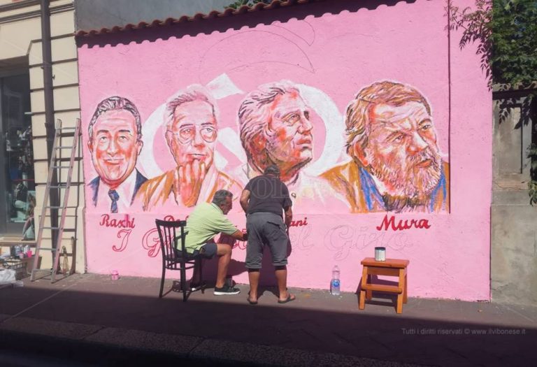 Mileto, un murale di La Gamba celebra quattro uomini-simbolo del Giro d’Italia