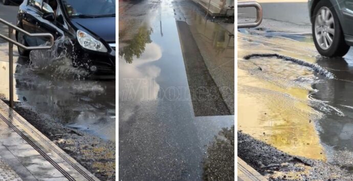 Stazione di Vibo-Pizzo, una “piscina” accoglie i viaggiatori: perdita d’acqua e maxi buca davanti all’ingresso – Video