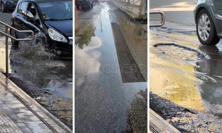 Stazione di Vibo-Pizzo, una “piscina” accoglie i viaggiatori: perdita d’acqua e maxi buca davanti all’ingresso – Video