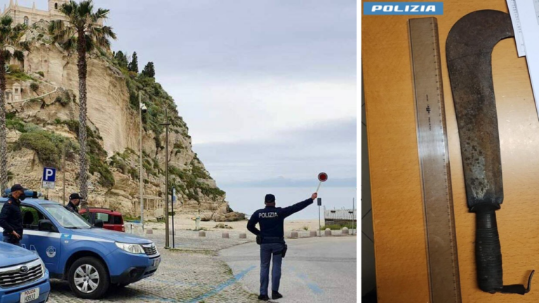 Tropea, fermato dalla polizia con una roncola di 41 centimetri nel cofano dell’auto: denunciato